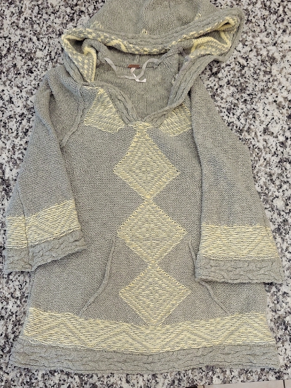 Free People Womens XS Gray & Yellow Hooded Diamond Knit Tunic Sweater